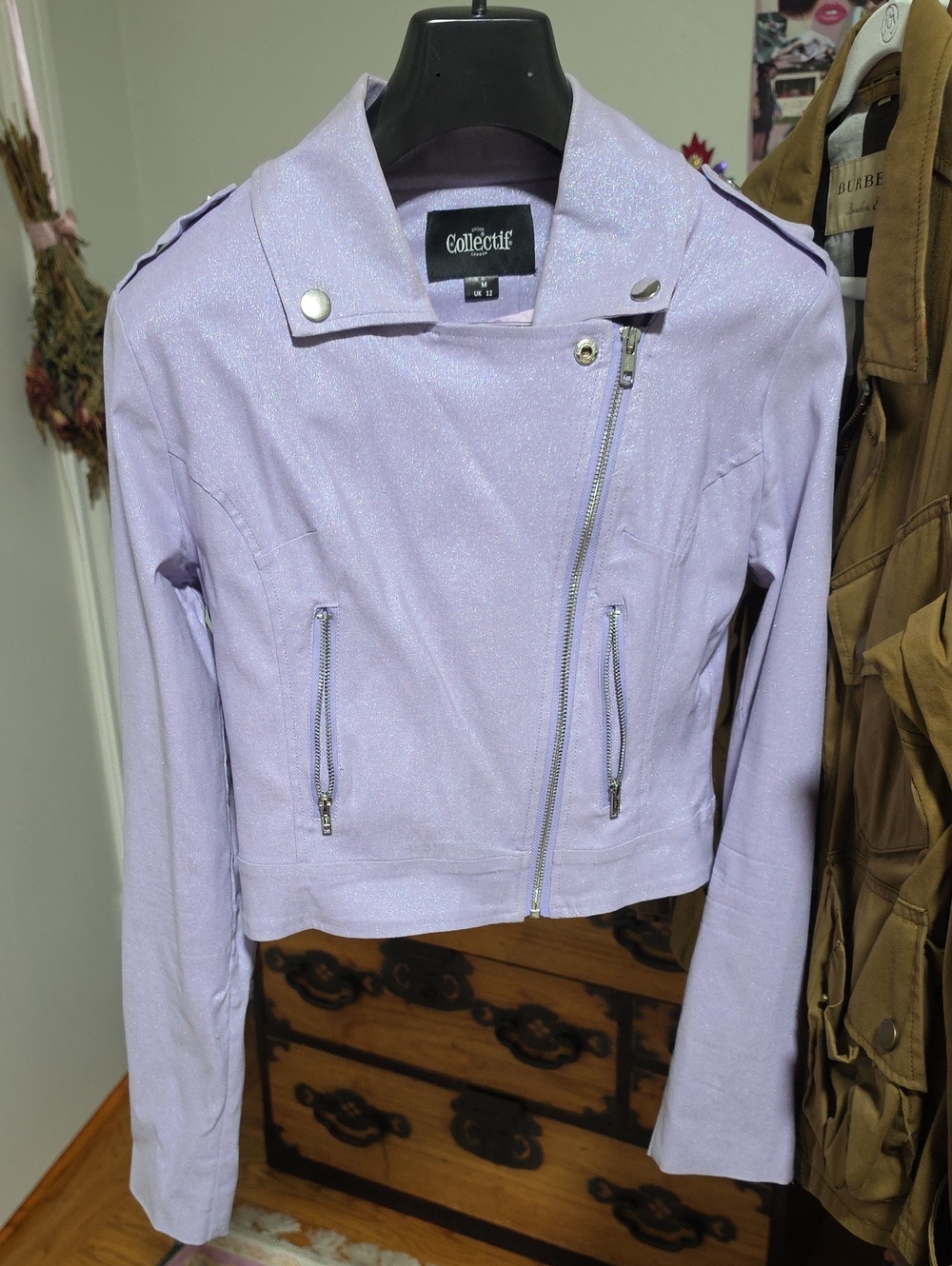 Collectif Lilac Glitter Moto Jacket - Sparkle Lavender Biker